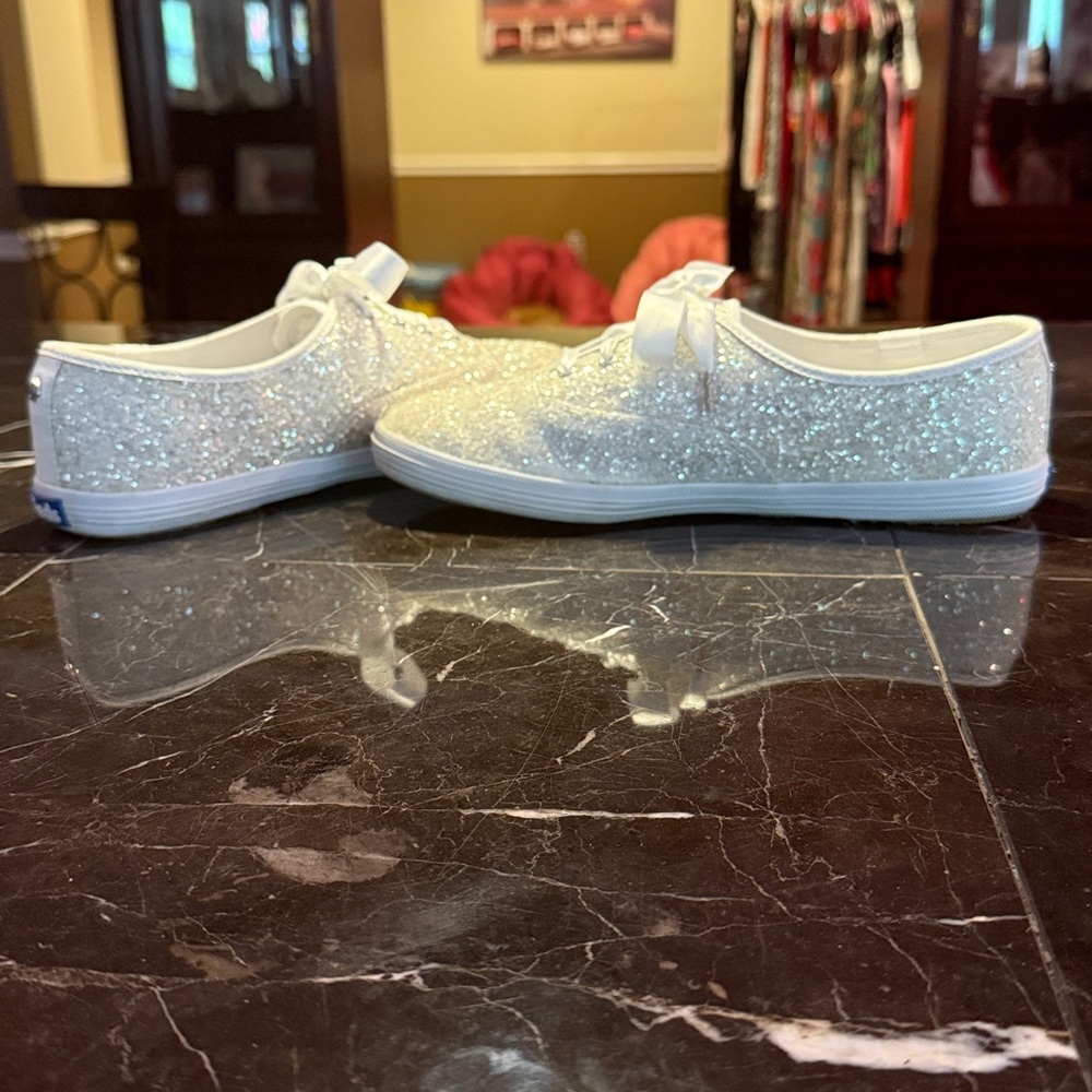 Size 8.5 Keds for Kate Spade white glitter sneakers with satin laces - Picture 4 of 9